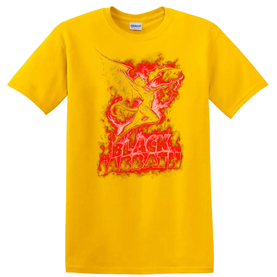 Black Sabbath Retro Heavy Metal Dragon Flames Album Cover T Shirt - Daisy (Yellow)