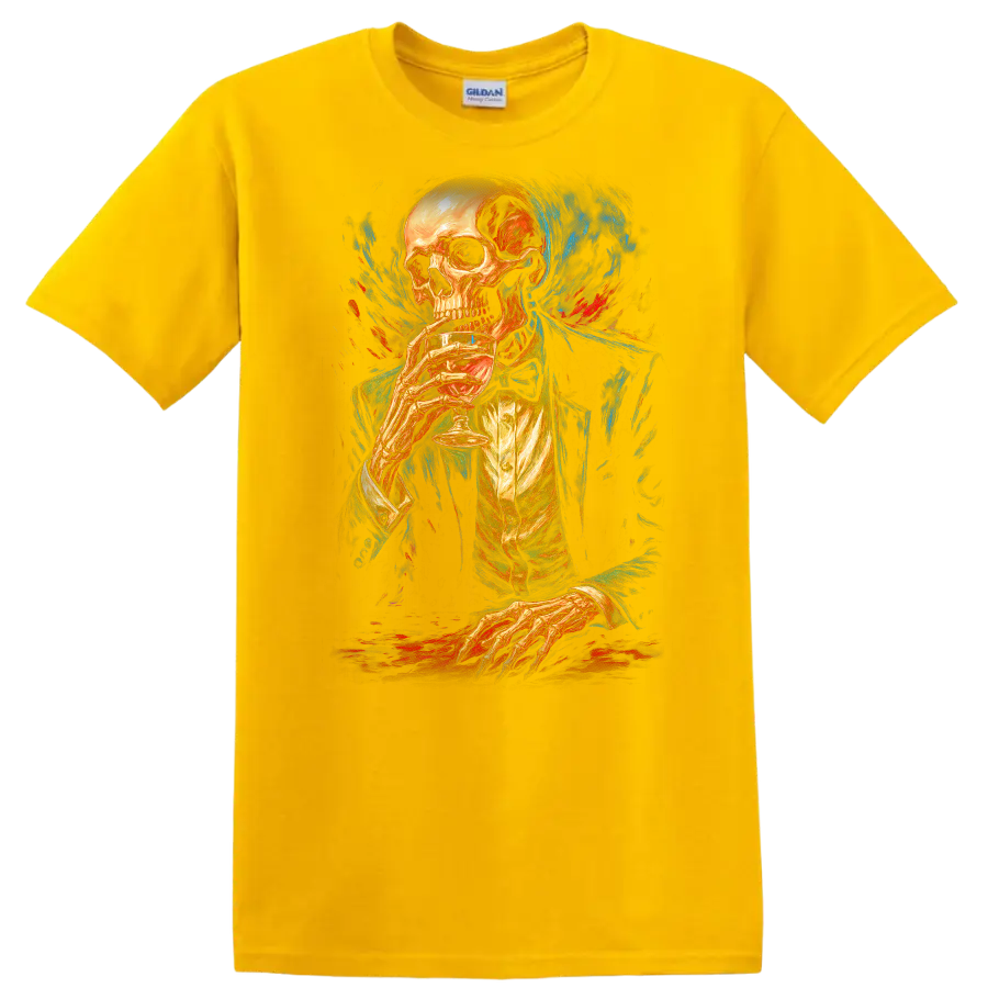 Vintage gothic skeleton in formal attire holding a drink amid blue and red painterly on a Daisy (Yellow) T Shirt
