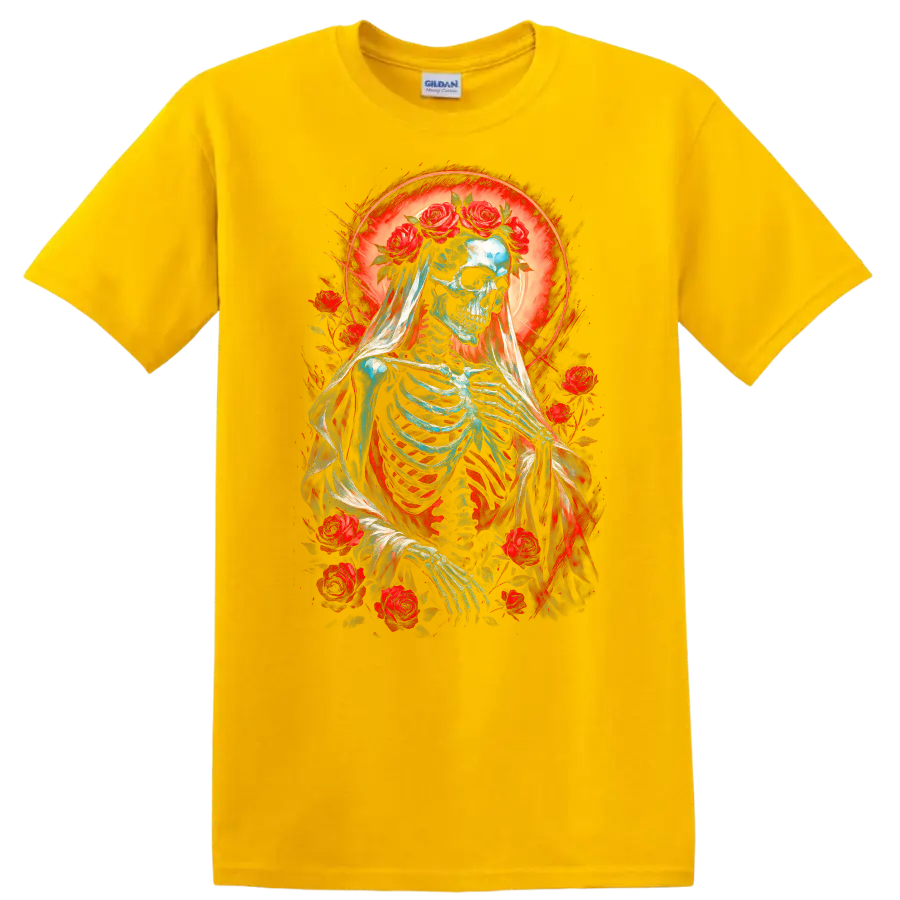 Vintage gothic skeleton bride in a veil with red roses and glowing red halo on a Daisy (Yellow) T Shirt