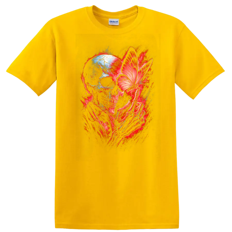 Gothic skull with skeletal hands holding a butterfly in red and blue dark art on a Daisy (Yellow) T Shirt