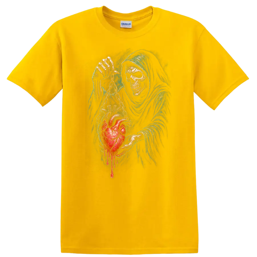 Grim Reaper skull holding a chained bleeding heart in detailed gothic horror art on a Daisy (Yellow) T Shirt