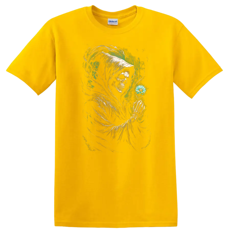 Hooded Grim Reaper skull holding blue flower in vintage gothic dark art on a Daisy (Yellow) T Shirt