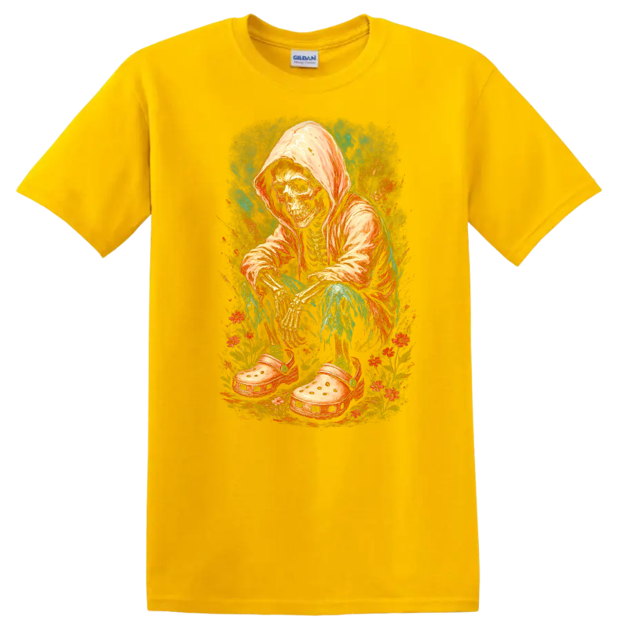 Vintage hooded skeleton in oversized clogs surrounded by colorful flowers on a Daisy (Yellow) T Shirt