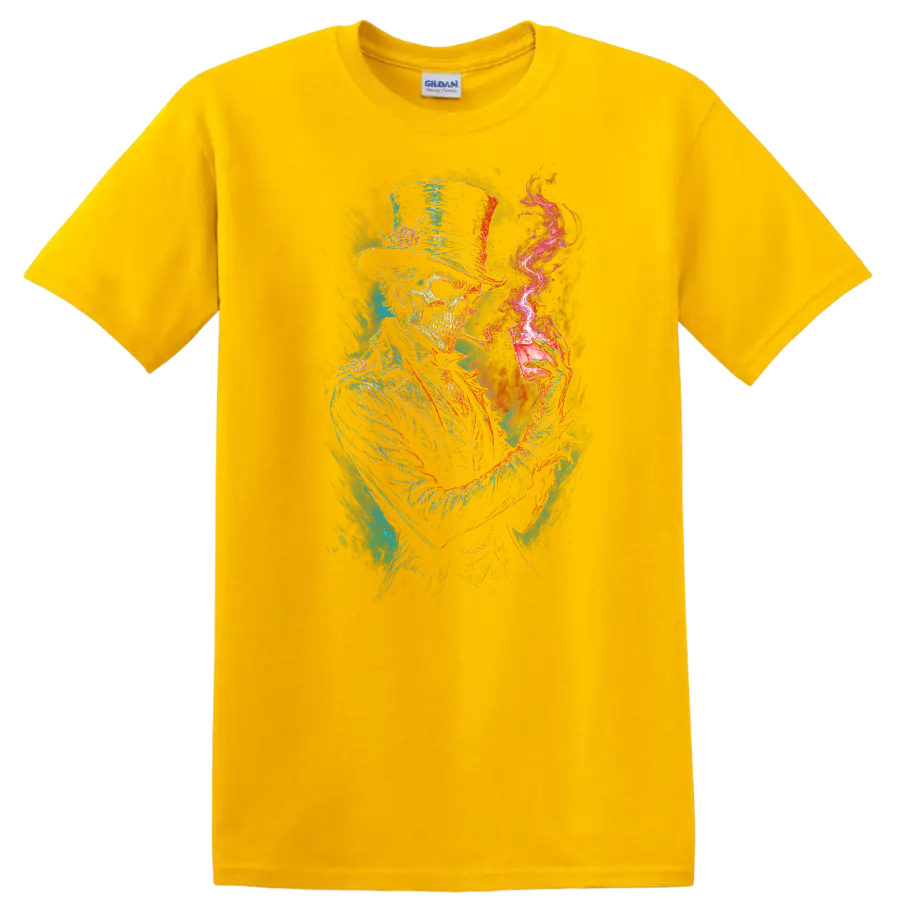 Gothic top-hat skeleton with cocktail glass, magenta smoke, and distressed skull art on a Daisy (Yellow) T Shirt