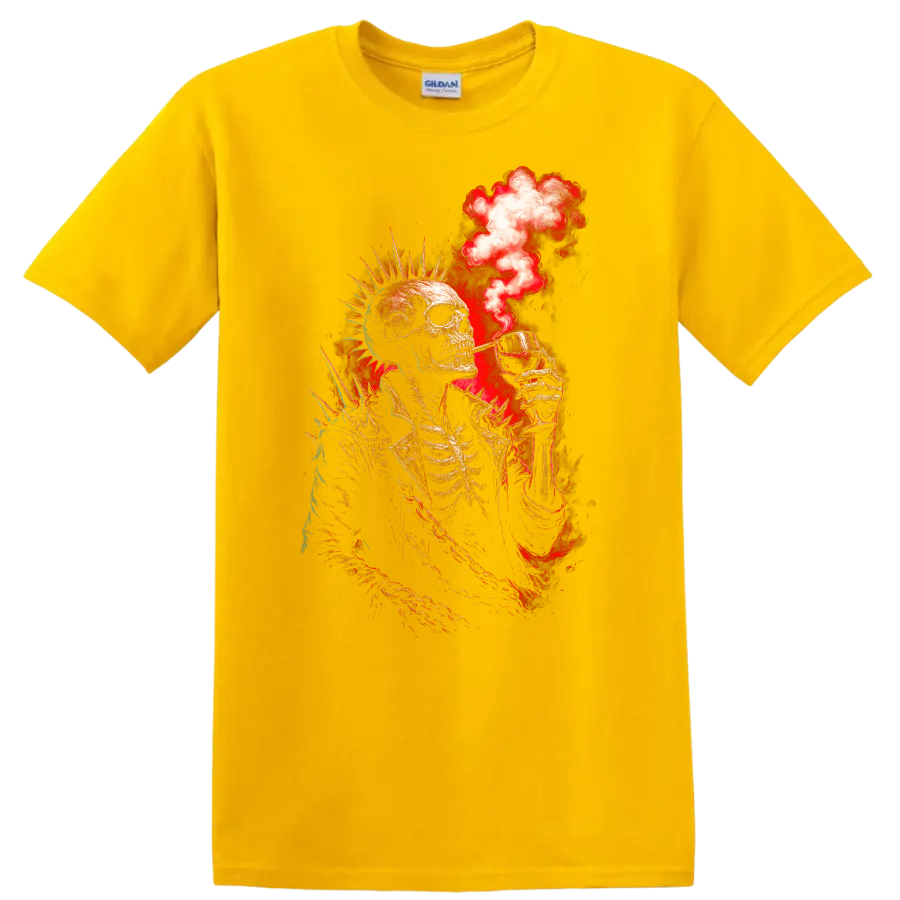Spiked punk skeleton raising a cocktail amid red smoke in distressed gothic art on a Daisy (Yellow) T Shirt