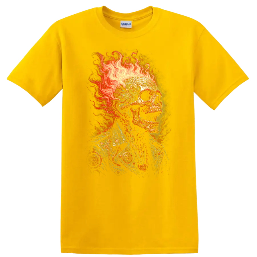 Flaming skull in ornate vintage jacket with gothic fire illustration on a Daisy (Yellow) T Shirt