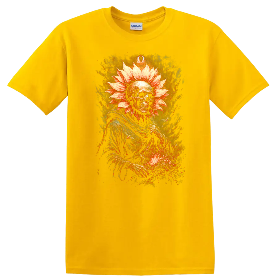 Gothic skeleton with flower-petal halo, fiery textures, and Omega symbol on a Daisy (Yellow) T Shirt