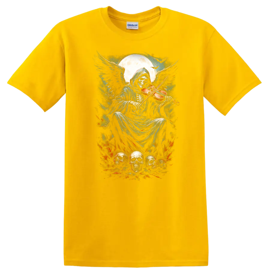 Vintage gothic Grim Reaper playing violin beneath moon with skulls and fiery accents on a Daisy (Yellow) T Shirt