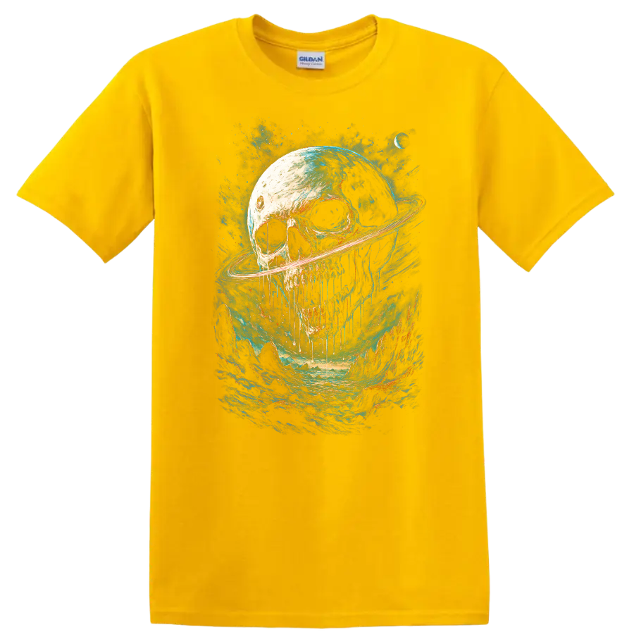 Gothic skull with Saturn-like ring in a vivid blue cosmic landscape on a Daisy (Yellow) T Shirt