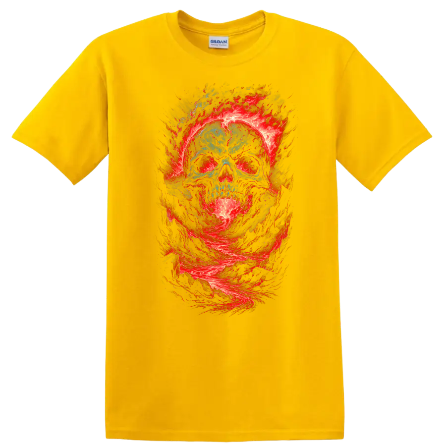 Distressed blue skull surrounded by swirling red flames in gothic horror art on a Daisy (Yellow) T Shirt
