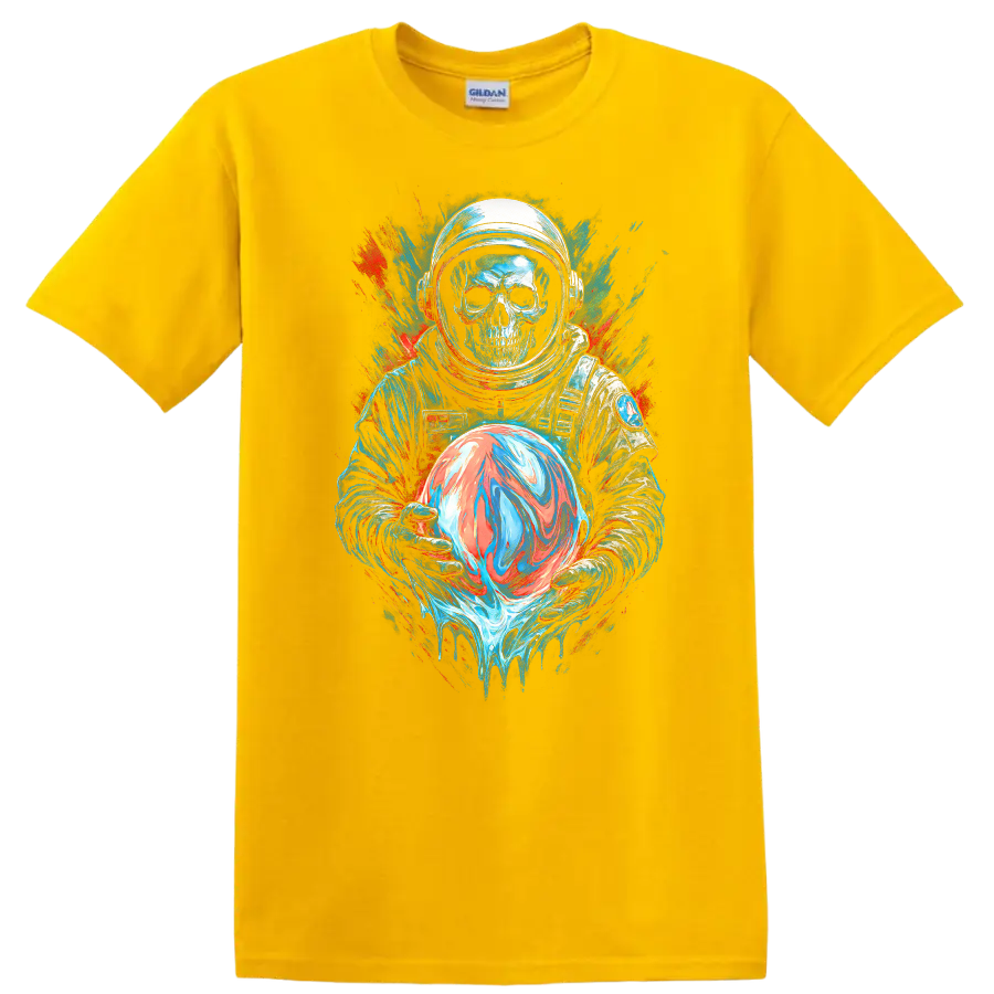 Gothic skull astronaut holding a swirling orb in neon space splatter art on a Daisy (Yellow) T Shirt