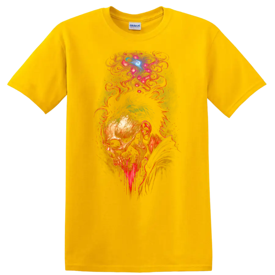 Decaying skull with dripping jaw and psychedelic cosmic smoke in gothic horror art on a Daisy (Yellow) T Shirt