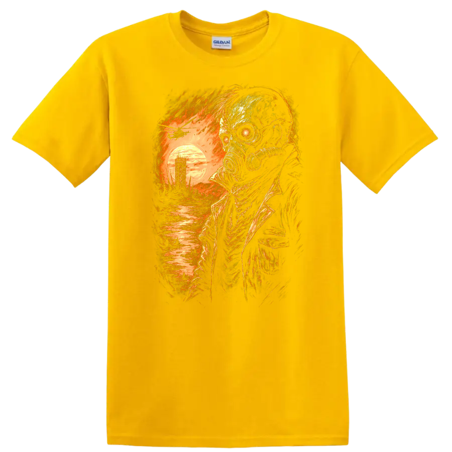 Distressed gothic gas mask skull survivor with fiery sunset and ruined landscape on a Daisy (Yellow) T Shirt