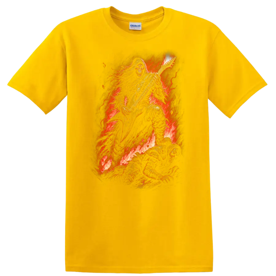 Hooded skeleton guitarist in flames, distressed vintage gothic rock artwork on a Daisy (Yellow) T Shirt