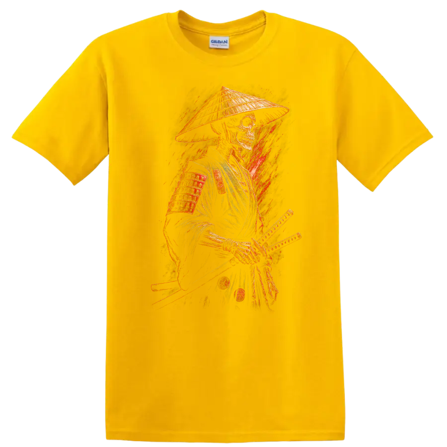 Vintage gothic samurai skeleton warrior in armor with conical hat and swords on a Daisy (Yellow) T Shirt