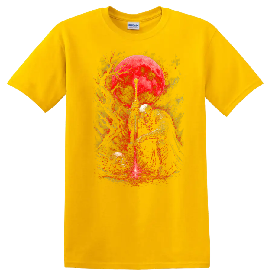 Armored skeletal knight with sword, skulls, and crimson moon in gothic fantasy art on a Daisy (Yellow) T Shirt