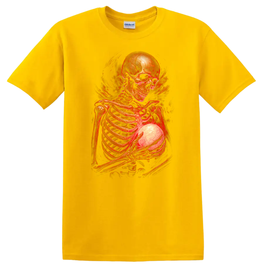 Gothic skeleton holding a glowing cracked orb in red vintage horror art on a Daisy (Yellow) T Shirt