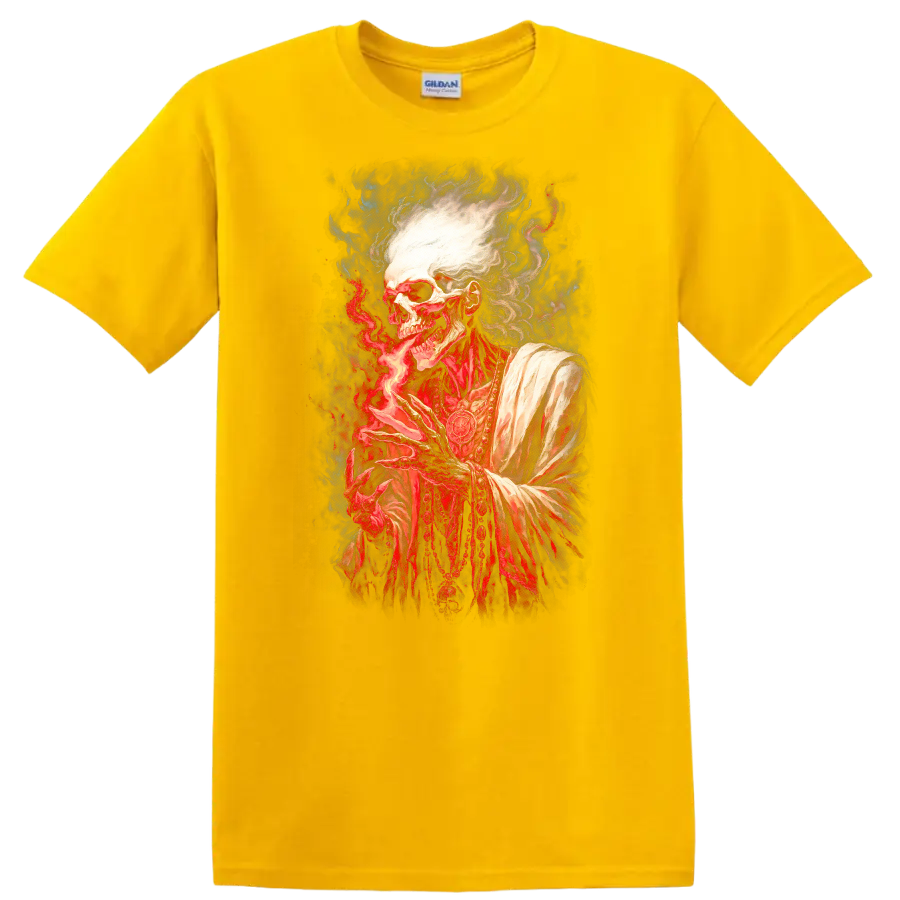 Gothic robed skeleton conjuring red flame in a detailed dark fantasy illustration on a Daisy (Yellow) T Shirt