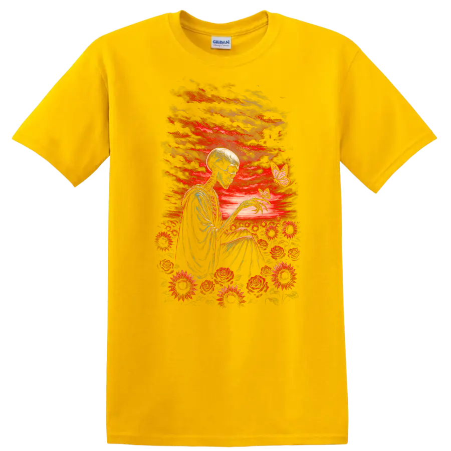 Vintage-style skeleton with red roses, flowers, butterflies, and a dramatic sky on a Daisy (Yellow) T Shirt