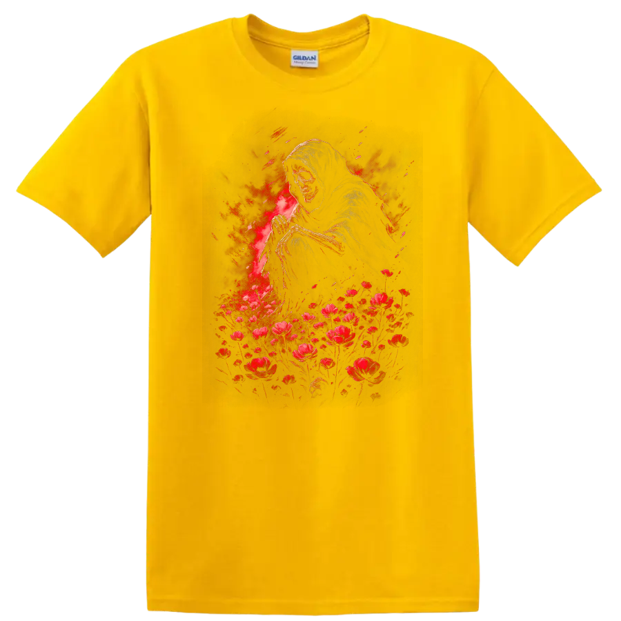Hooded grim reaper skull with red flowers in distressed gothic illustration on a Daisy (Yellow) T Shirt