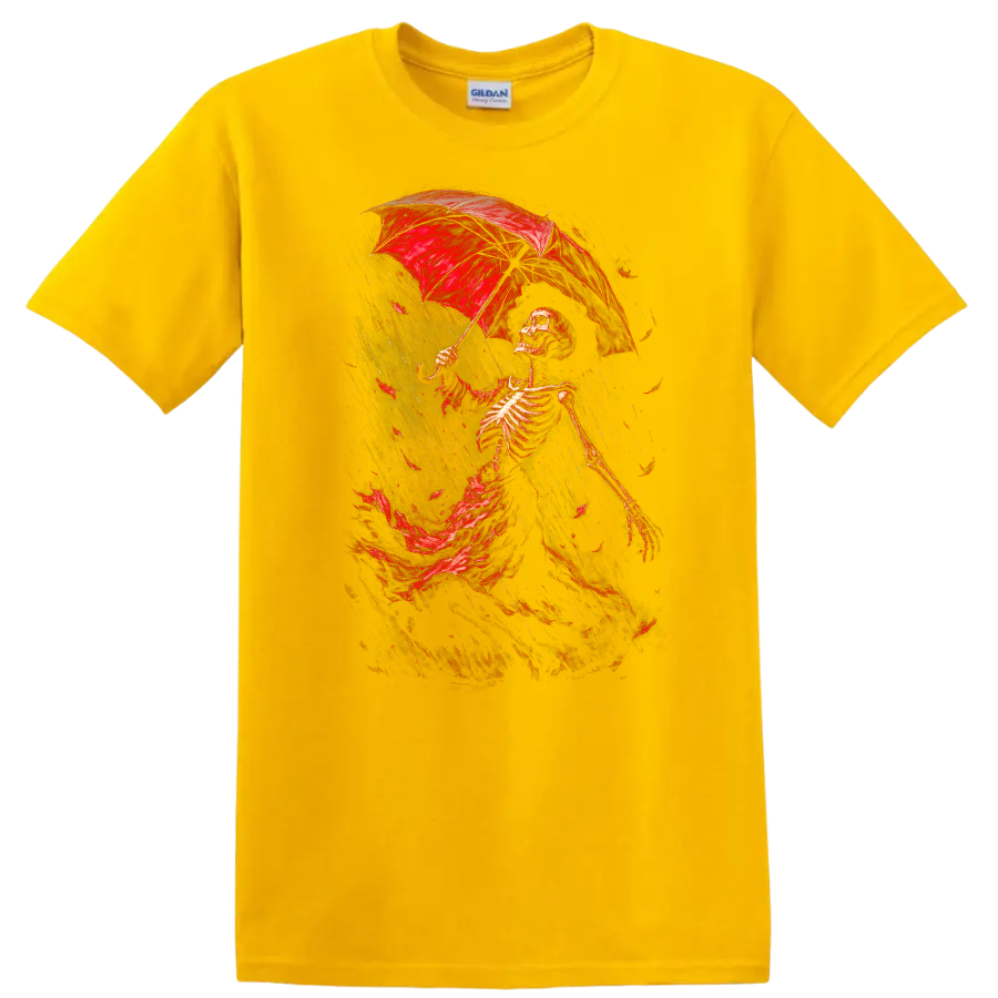 Vintage Gothic skeleton walking in rain beneath a red umbrella on a Daisy (Yellow) T Shirt