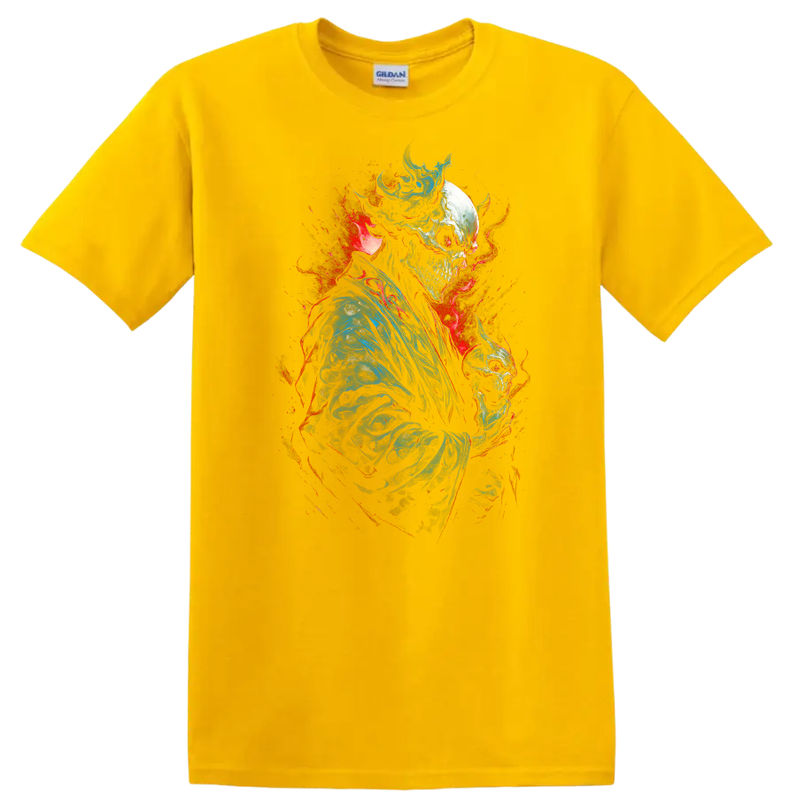 Crowned skeleton in blue robes holding a skull amid red and blue gothic splatter on a Daisy (Yellow) T Shirt