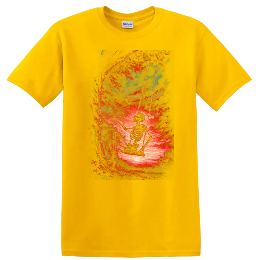 Vintage skeleton swinging beneath red trees in surreal gothic forest art on a Daisy (Yellow) T Shirt