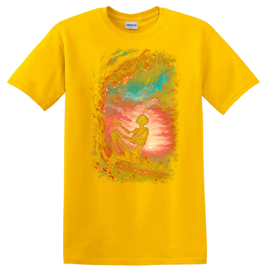 Vintage gothic skeleton on a swing beneath a tree at a vivid sunset on a Daisy (Yellow) T Shirt