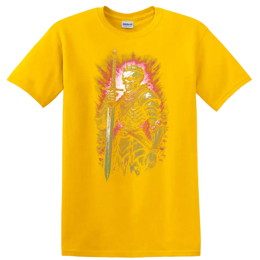 Crowned skeleton warrior with sword, ornate armor, and vivid floral gothic artwork on a Daisy (Yellow) T Shirt
