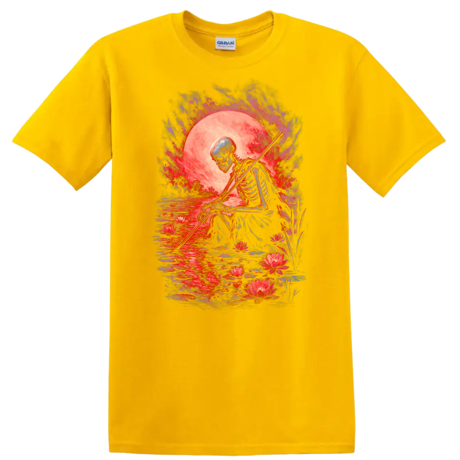 Moonlit skeleton with staff, lotus flowers, reflective water, and gothic full moon art on a Daisy (Yellow) T Shirt
