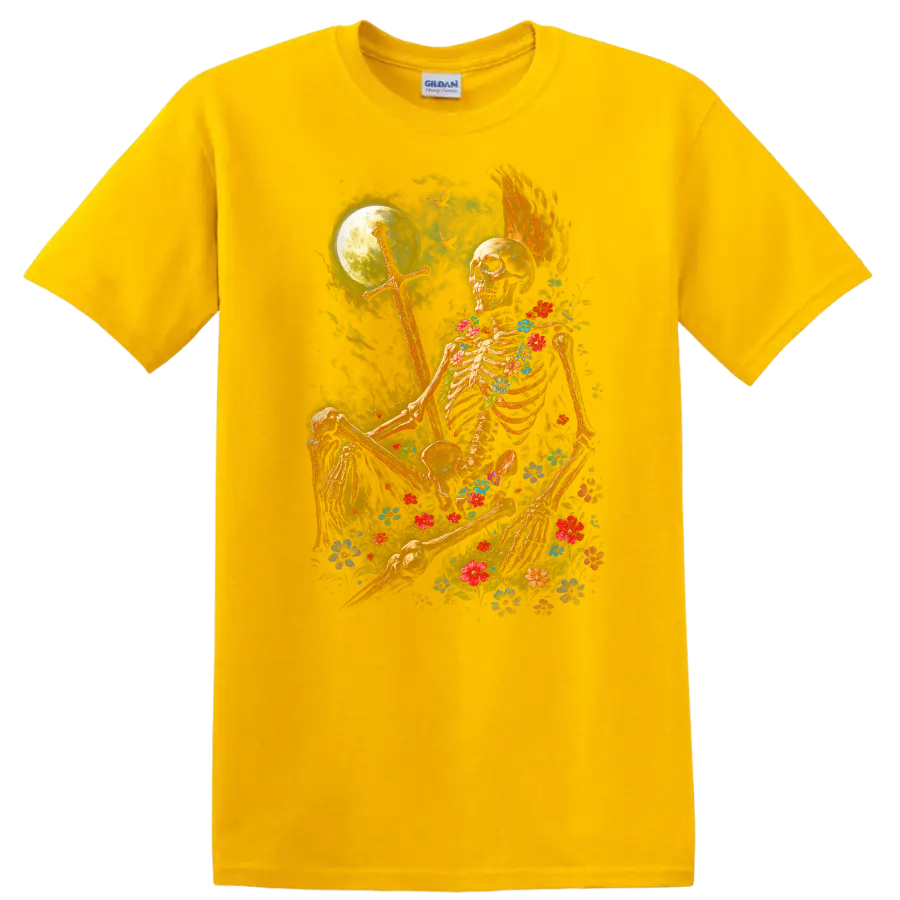 Moonlit floral skeleton holding a sword in a gothic flower-filled night scene on a Daisy (Yellow) T Shirt