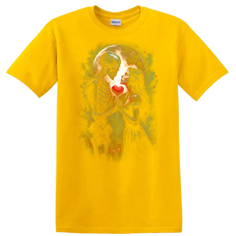 Romantic skeleton and woman holding a heart beneath a full moon in gothic art on a Daisy (Yellow) T Shirt