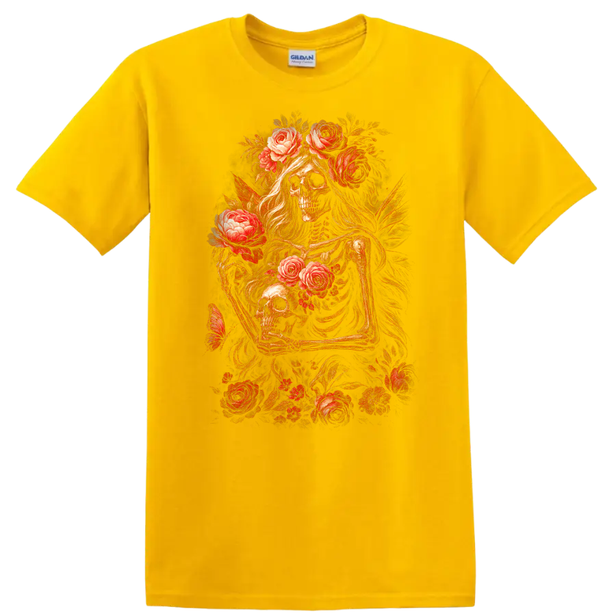 Vintage gothic skeletal figures and skulls surrounded by red roses and foliage on a Daisy (Yellow) T Shirt