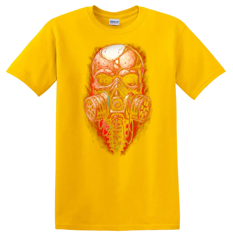 Gothic illustrated skull wearing a gas mask with distressed red horror-art backdrop on a Daisy (Yellow) T Shirt