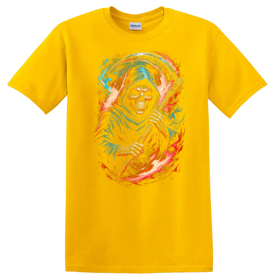 Hooded Grim Reaper skeleton with scythe, swirling flames, and blue gothic artwork on a Daisy (Yellow) T Shirt