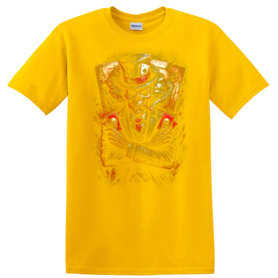 Vintage gothic skeleton poker player in top hat holding skull cards before ace cards on a Daisy (Yellow) T Shirt
