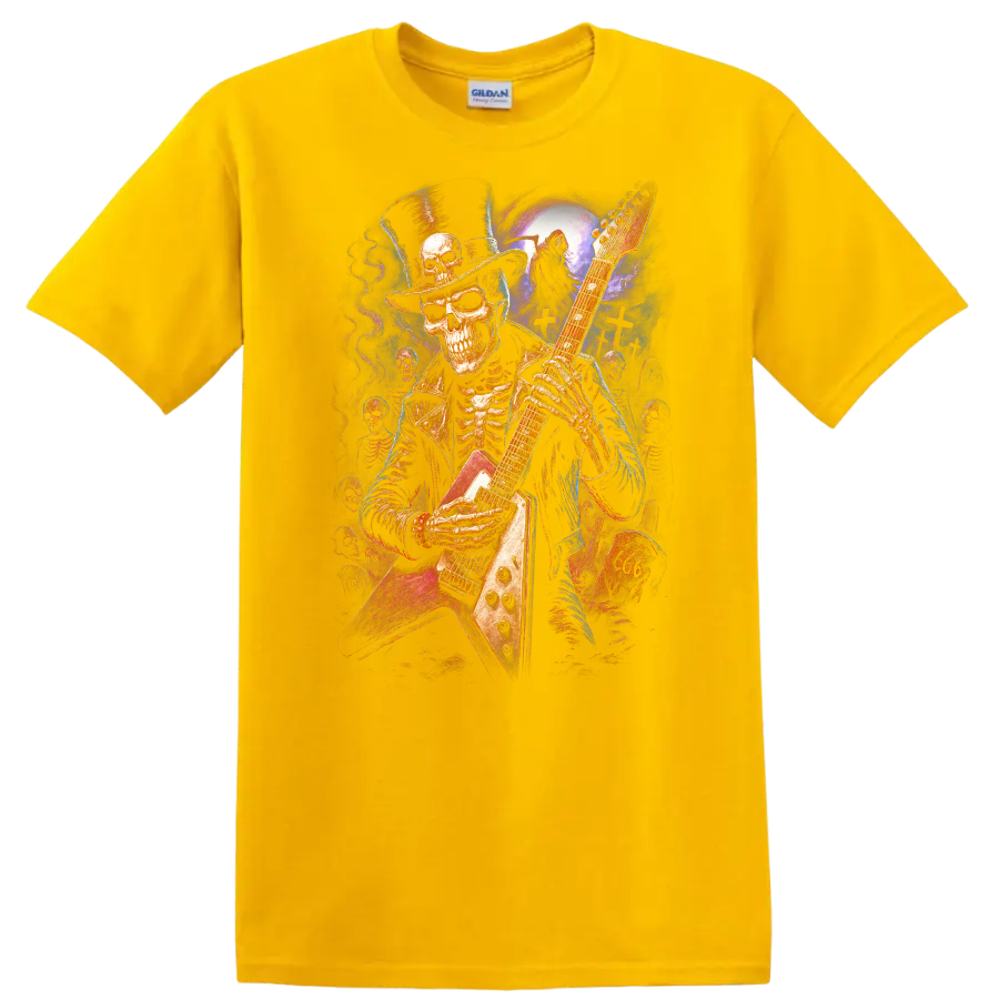 Top-hatted skeleton guitarist in vivid gothic moonlit graveyard art on a Daisy (Yellow) T Shirt