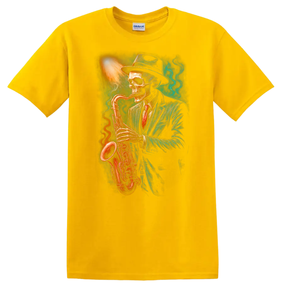 Vintage gothic skeleton in a suit and hat playing a glowing saxophone on a Daisy (Yellow) T Shirt