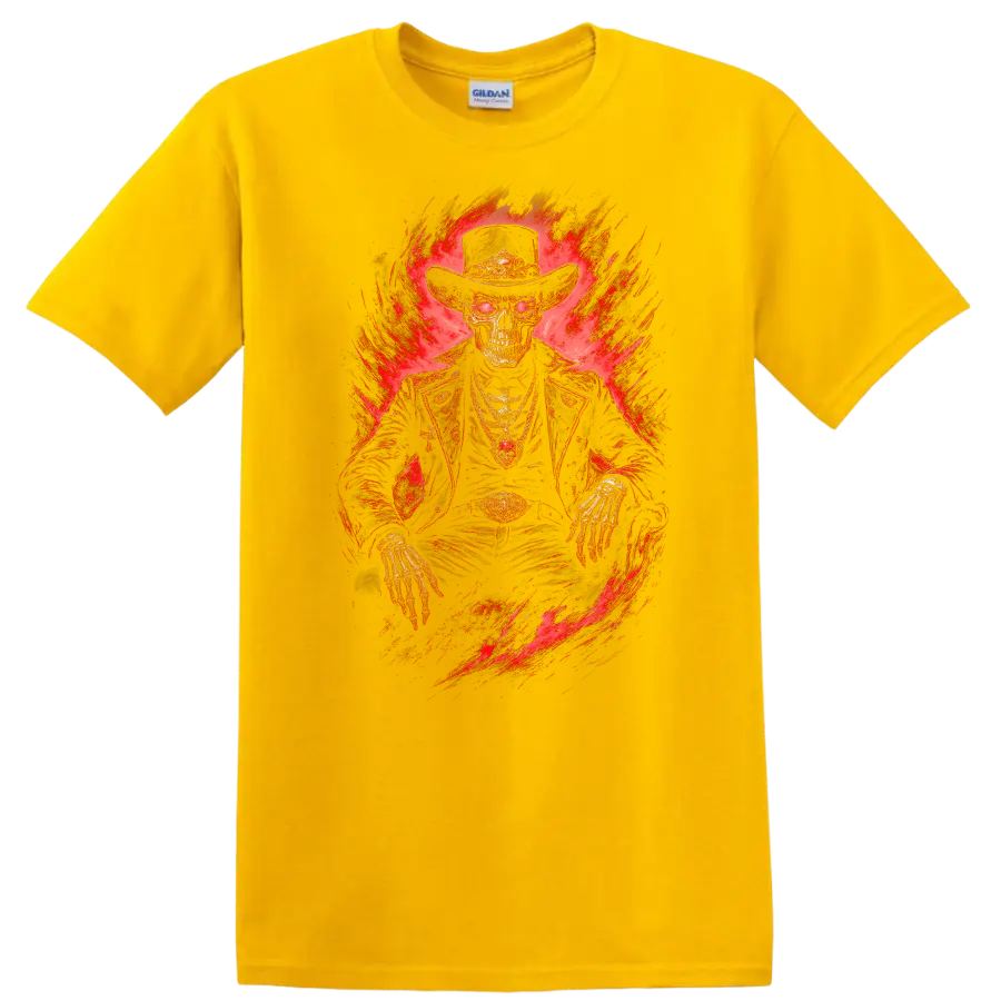 Skeleton cowboy in a wide-brim hat with fiery red gothic horror artwork on a Daisy (Yellow) T Shirt