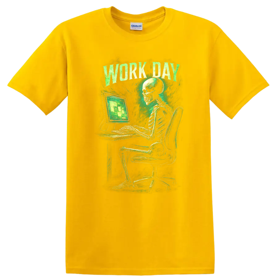 Work Day skeleton at computer in distressed vintage gothic green graphic on a Daisy (Yellow) T Shirt