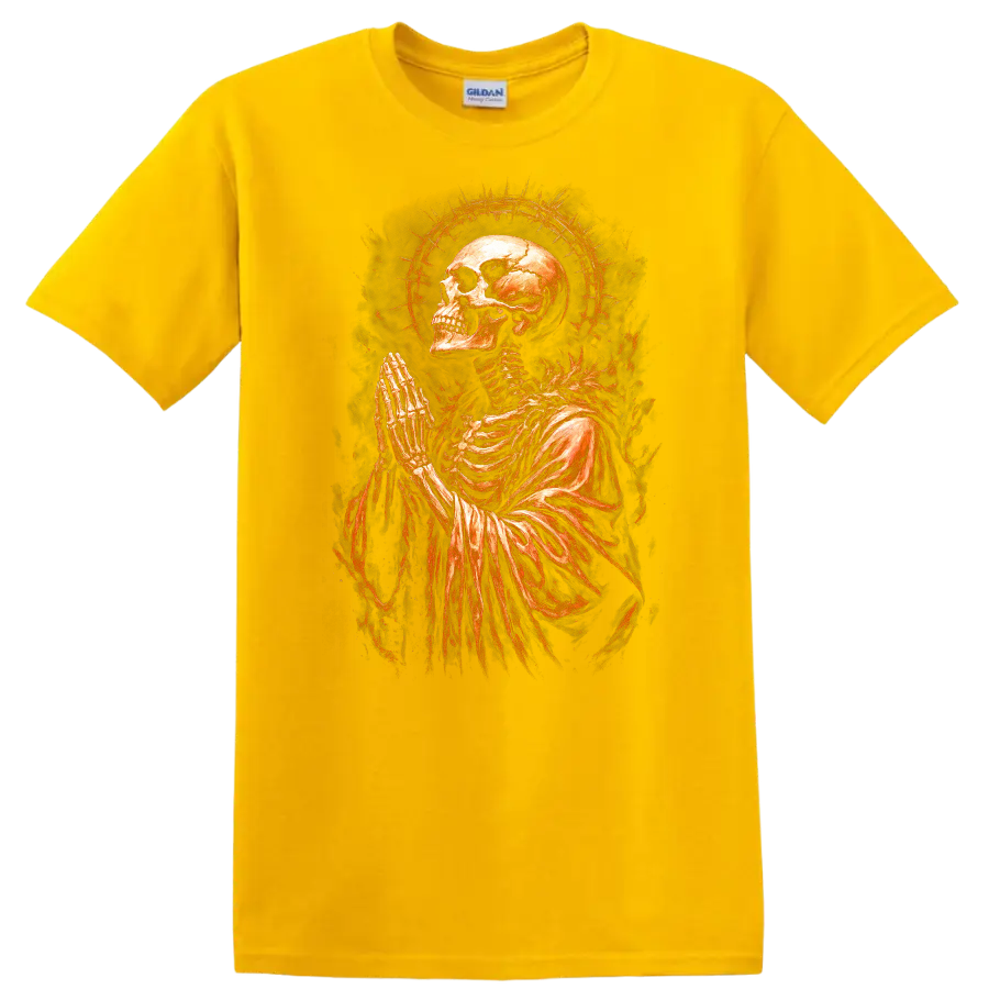 Praying skeleton skull with fiery halo in vintage gothic dark-art style on a Daisy (Yellow) T Shirt
