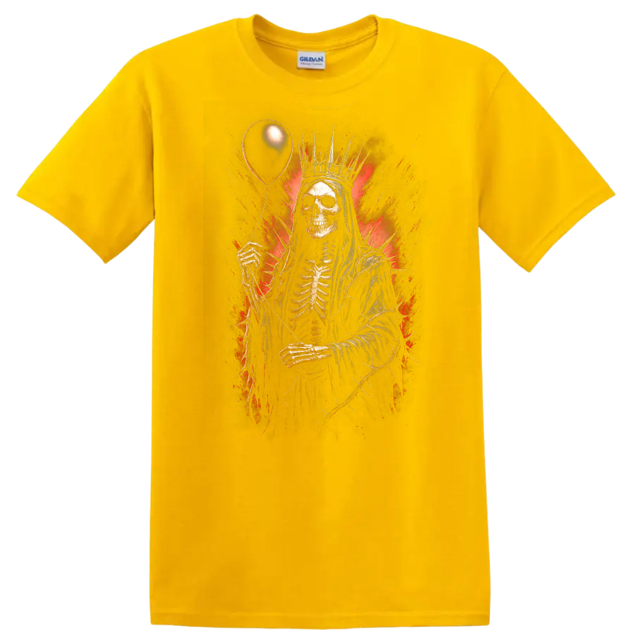 Crowned skeleton holding a balloon in distressed red and black gothic horror art on a Daisy (Yellow) T Shirt