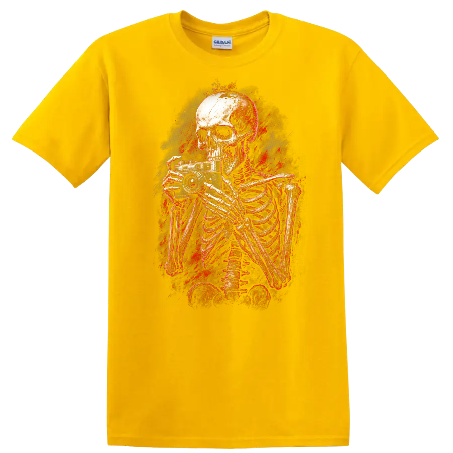 Distressed gothic skeleton photographer holding a vintage camera horror art graphic on a Daisy (Yellow) T Shirt