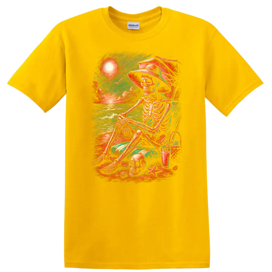 Vintage-style skeleton in beach chair with skull, ocean waves, hat, and sunset on a Daisy (Yellow) T Shirt