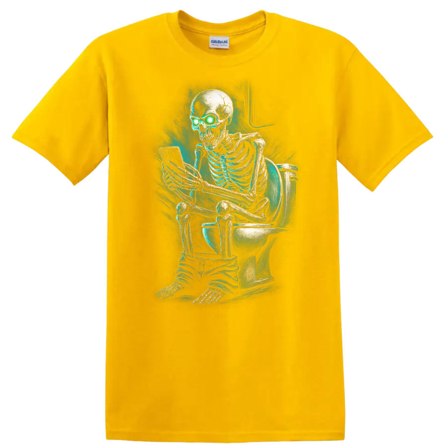 Vintage gothic skeleton on toilet using phone with glowing green eyes on a Daisy (Yellow) T Shirt