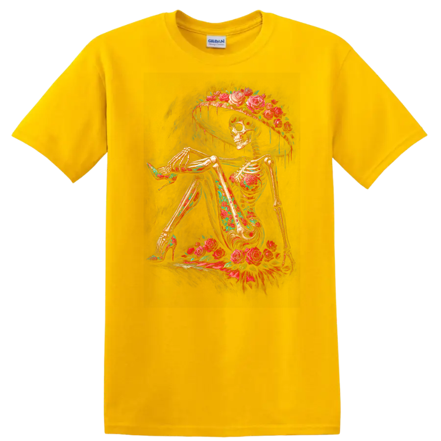 Vintage gothic skeleton in a wide-brim hat surrounded by red roses on a Daisy (Yellow) T Shirt