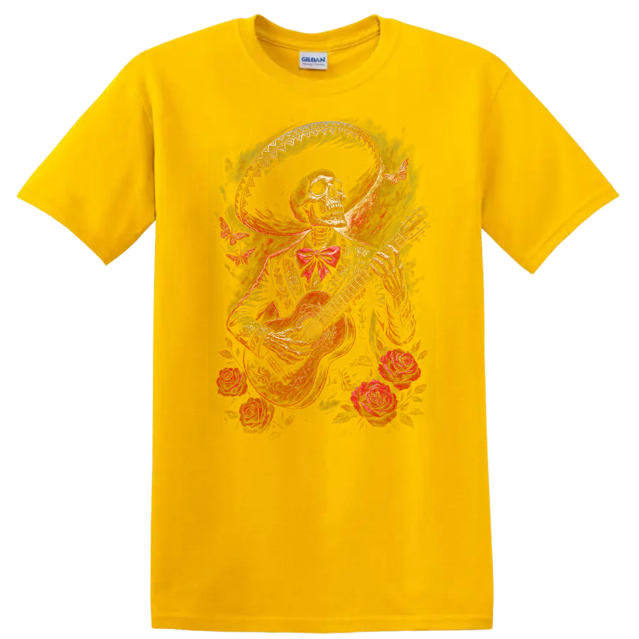 Vintage gothic skeleton guitarist with roses, butterflies, and ornate wide-brimmed hat on a Daisy (Yellow) T Shirt