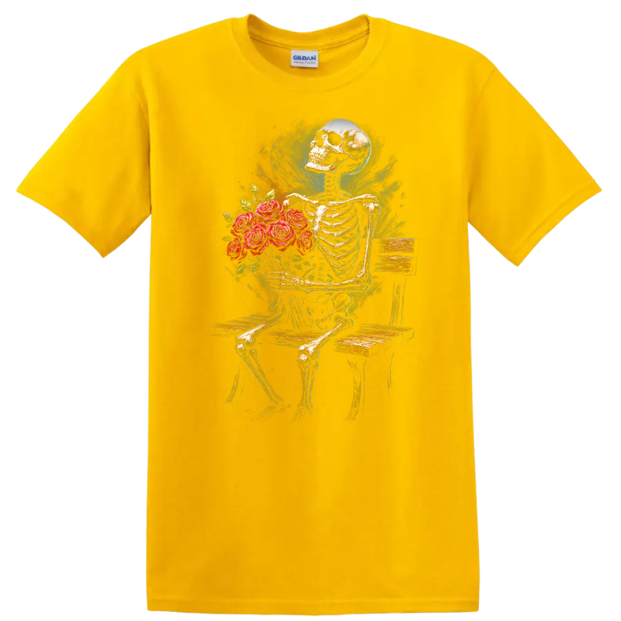Vintage gothic skeleton holding a bouquet of red roses while seated on a wooden bench on a Daisy (Yellow) T Shirt