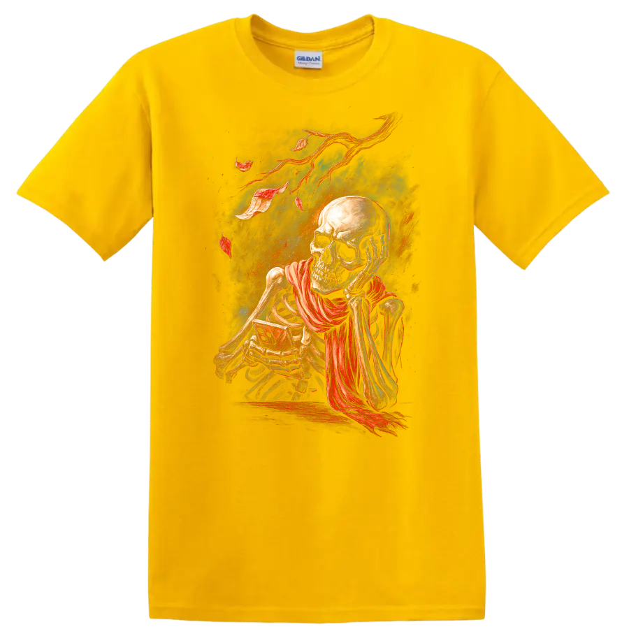 Vintage gothic skeleton skull illustration with flowing red scarf and distressed ribbons on a Daisy (Yellow) T Shirt