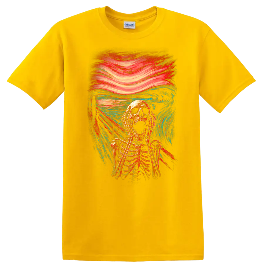 Screaming skeleton in vintage gothic horror art with swirling red and blue brushwork on a Daisy (Yellow) T Shirt